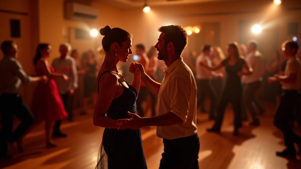 Group of adults dancing salsa in a studio with wooden floors and warm lighting