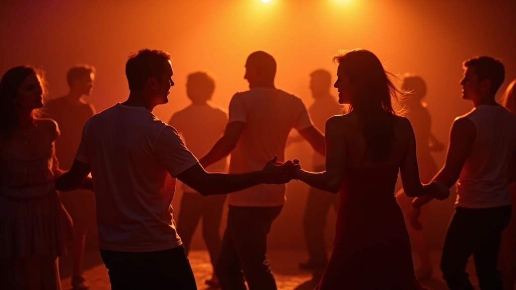 Group of adults dancing together at an indoor festival venue with warm lighting and Latin music
