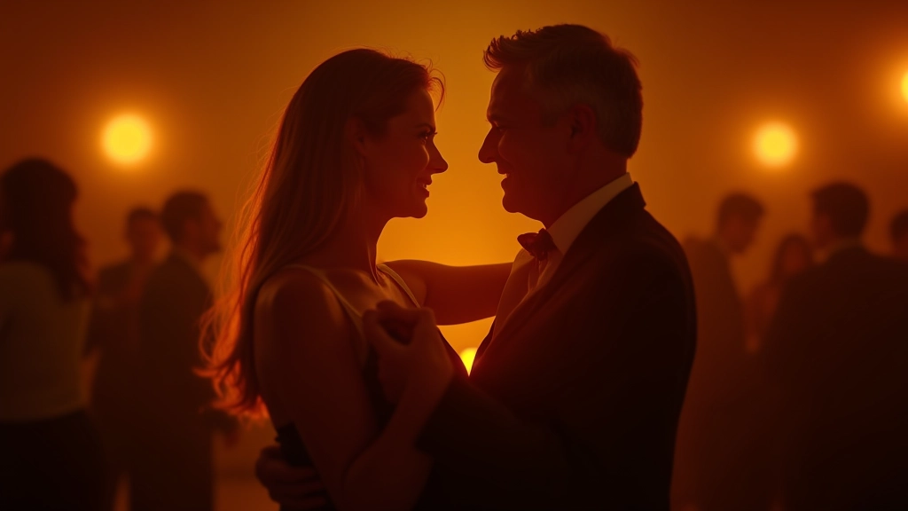 Couple dancing bachata in an intimate studio setting with soft golden lighting