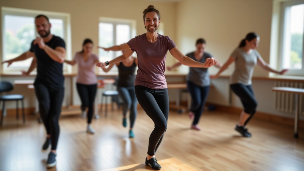 Instructor demonstrating basic salsa step to a group of adults in a dance studio setting