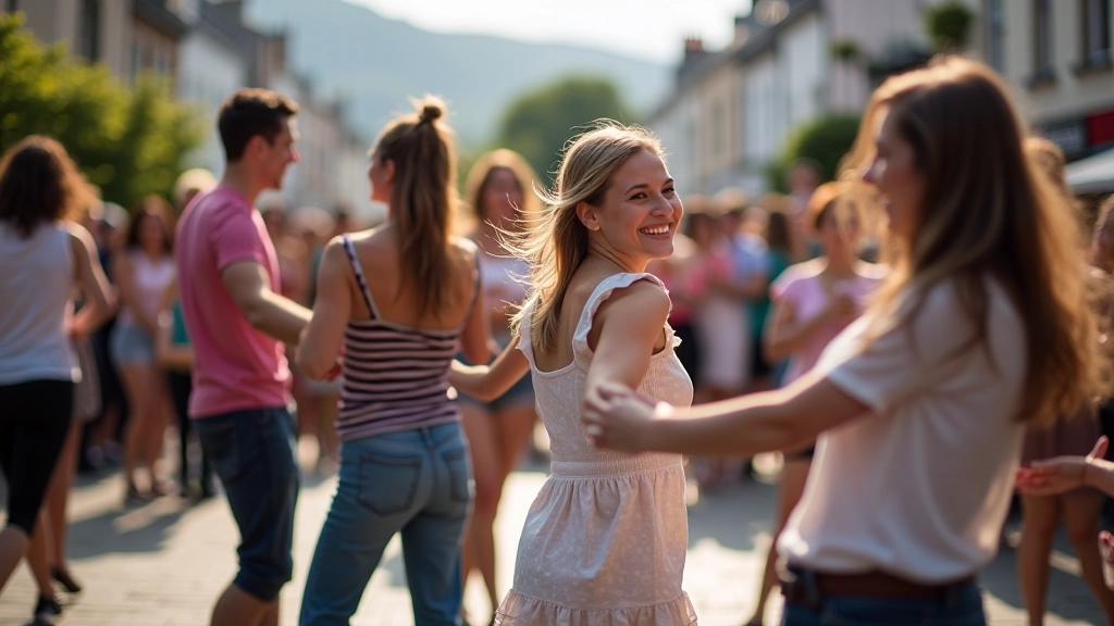 Dancers enjoying an outdoor moment in Killarney town center during festival weekend