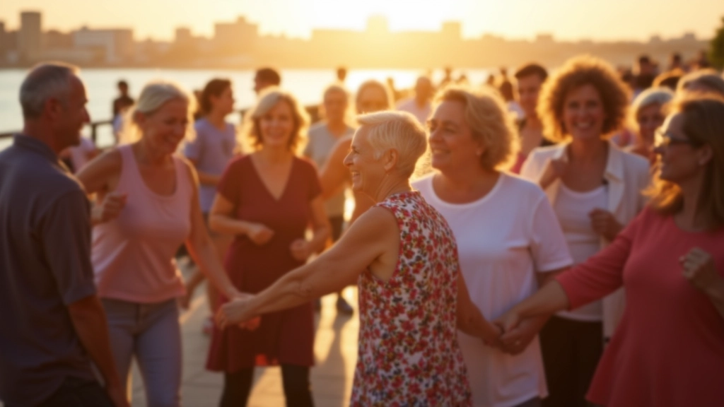 Diverse group of dancers aged 45+ enjoying outdoor summer gathering with waterfront backdrop and warm evening atmosphere