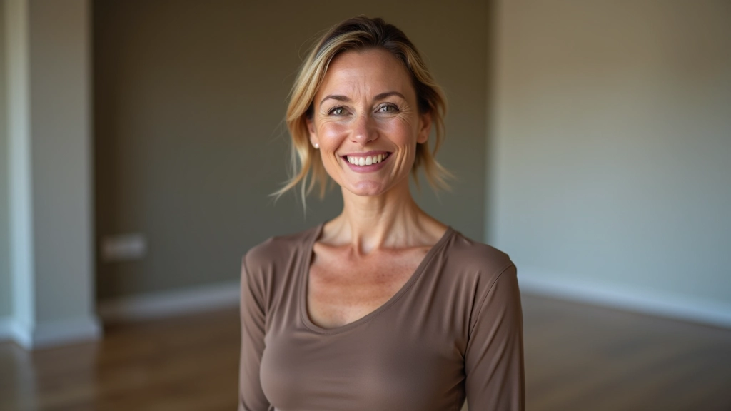 Professional female dance instructor aged 50, portrait from chest up, warm smile, studio setting with neutral background