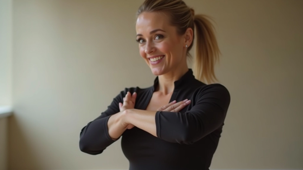 Professional female dance instructor aged 52, portrait from chest up, energetic expression, dance studio setting