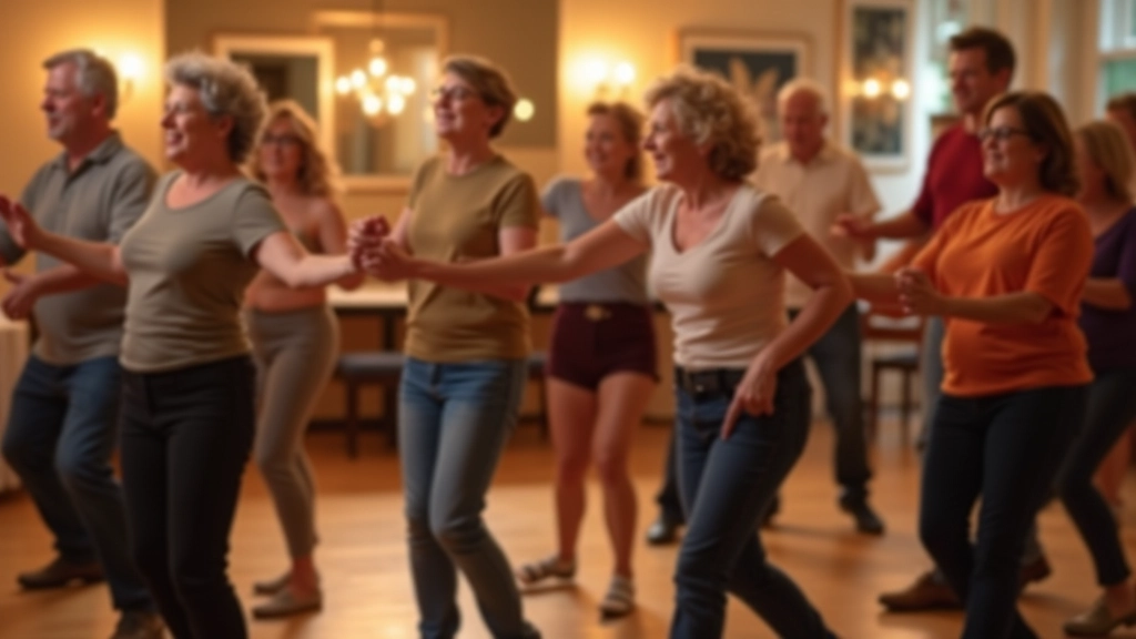 Group of mature adults dancing salsa together in a bright, welcoming dance studio with wooden floors and warm lighting