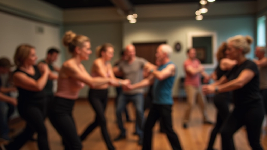 Group of adults in dance studio during bachata instruction with mirrors and professional lighting