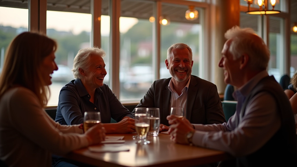 Adults socializing in a cozy cafe with coastal views and warm ambient lighting