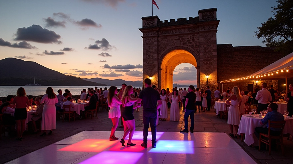Spanish Arch historic stone structure in Galway with outdoor dance floor setup and summer lighting
