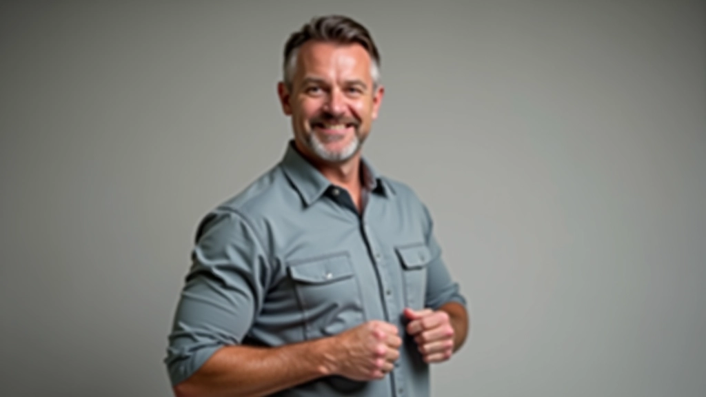 Professional male dance instructor aged 48, portrait from chest up, confident posture, studio background