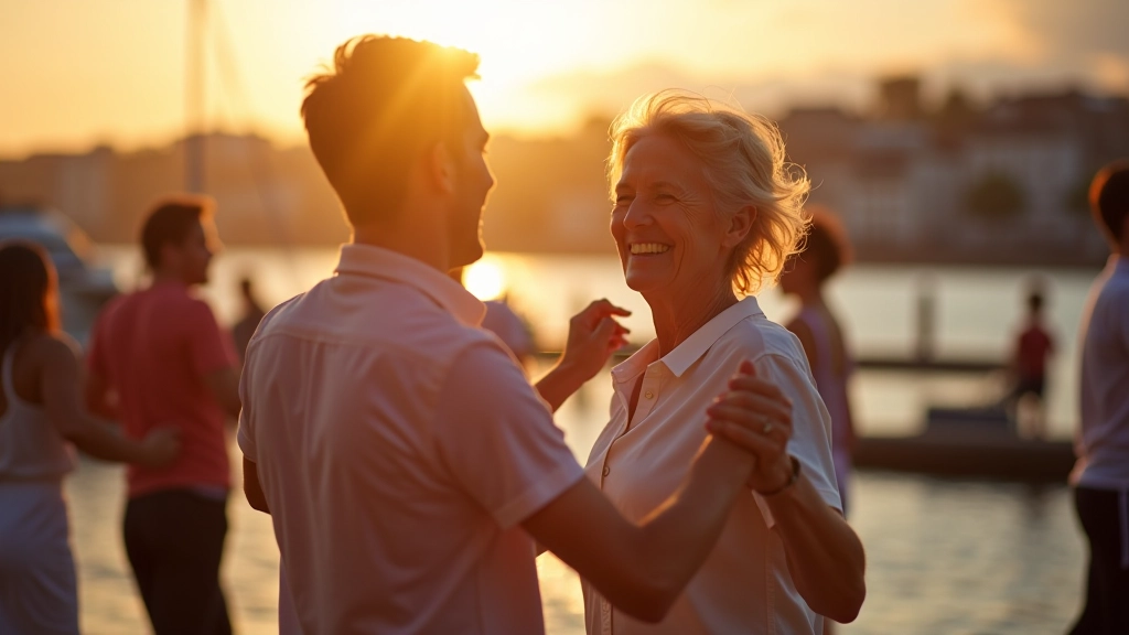 Group of mature adults enjoying outdoor summer dance with waterfront scenery and golden sunset lighting