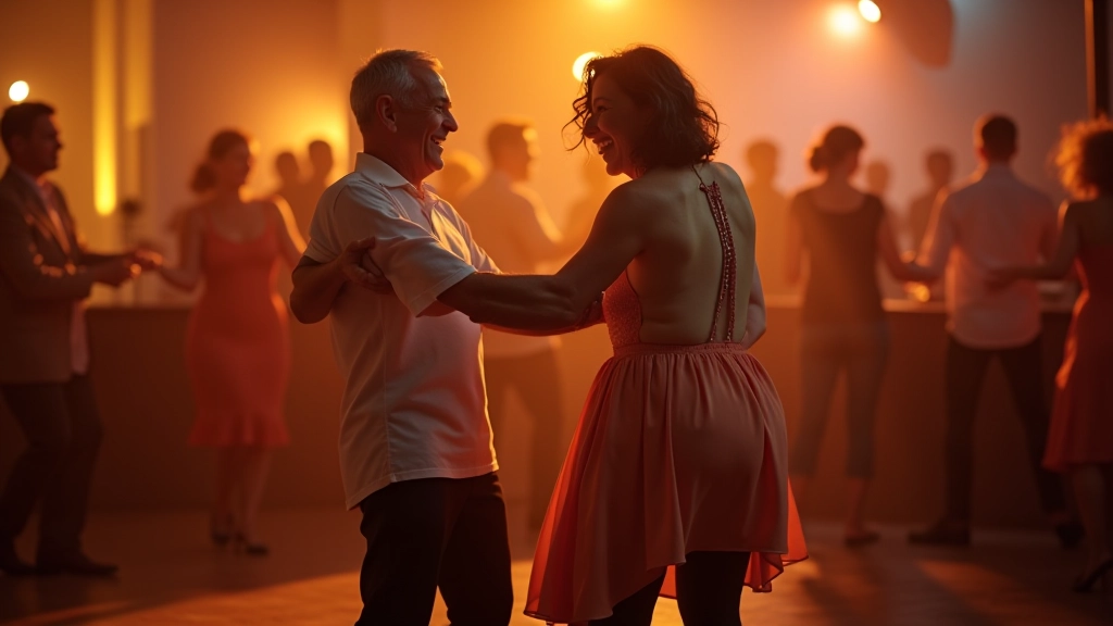 Mature dancers enjoying salsa at a social event